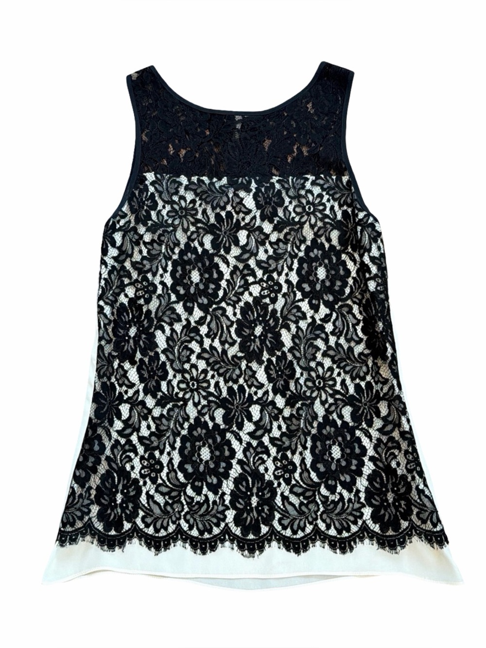 Fifteen Twenty Black Floral Lace Overlay Ivory Silk Sleeveless Top | Medium